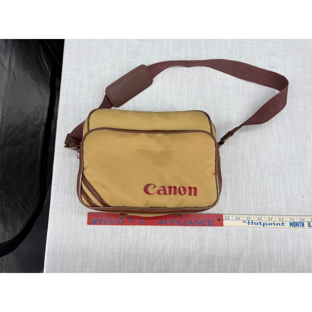 Canon Vintage Camera Bag Tan Brown Shoulder Strap Multi-Pocket Case